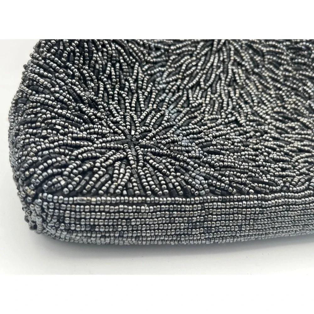Vtg Beaded Blk Starburst Evening Bag Silver Filigree Kiss Lock Purse Mid century